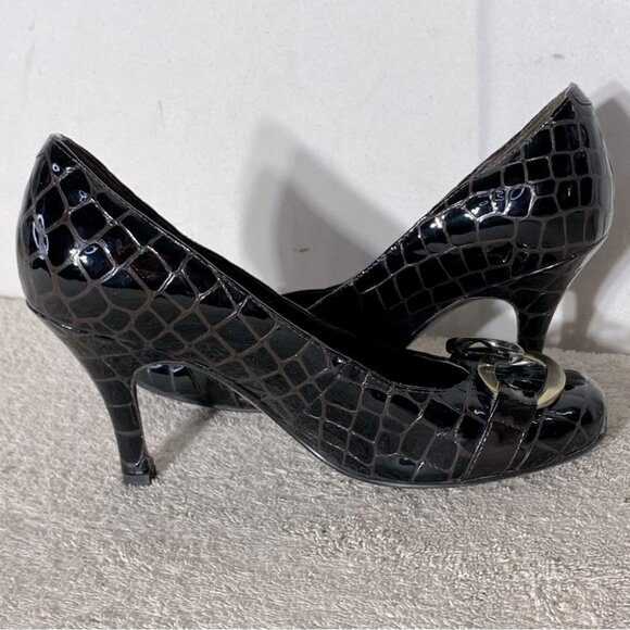 Bravo Browns Brown Lara Croc Embossed Patent Leather Heels W Brass Buckles 7.5 - Picture 12 of 14
